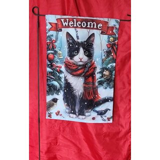 Gartenflagge Katze m.Schal Welcome  (m. u. o. Fahnenmast)