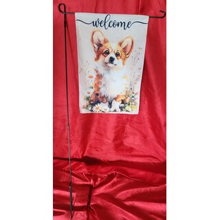 Gartenflagge Corgie Welcome  (m. u. o. Fahnenmast)